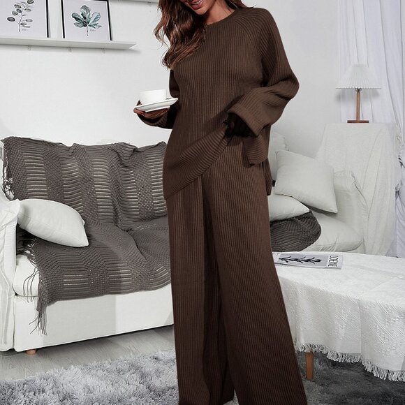 . Sweaters - Brown Casual Womens Raglan Sleeve Sweater & Knit Wide Leg Pants